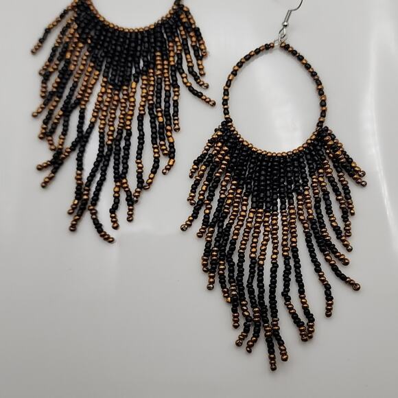 Black Boho Beaded Hoop Earrings - Picture 2 of 3
